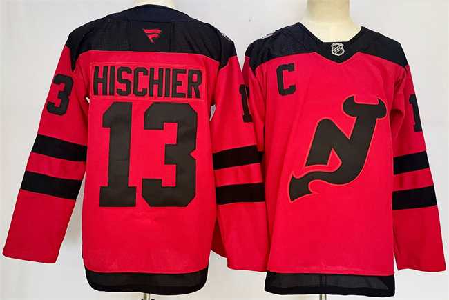 Mens New Jersey Devils #13 Nico Hischier Red 2024-25 With C Patch Stitched Hockey Jersey